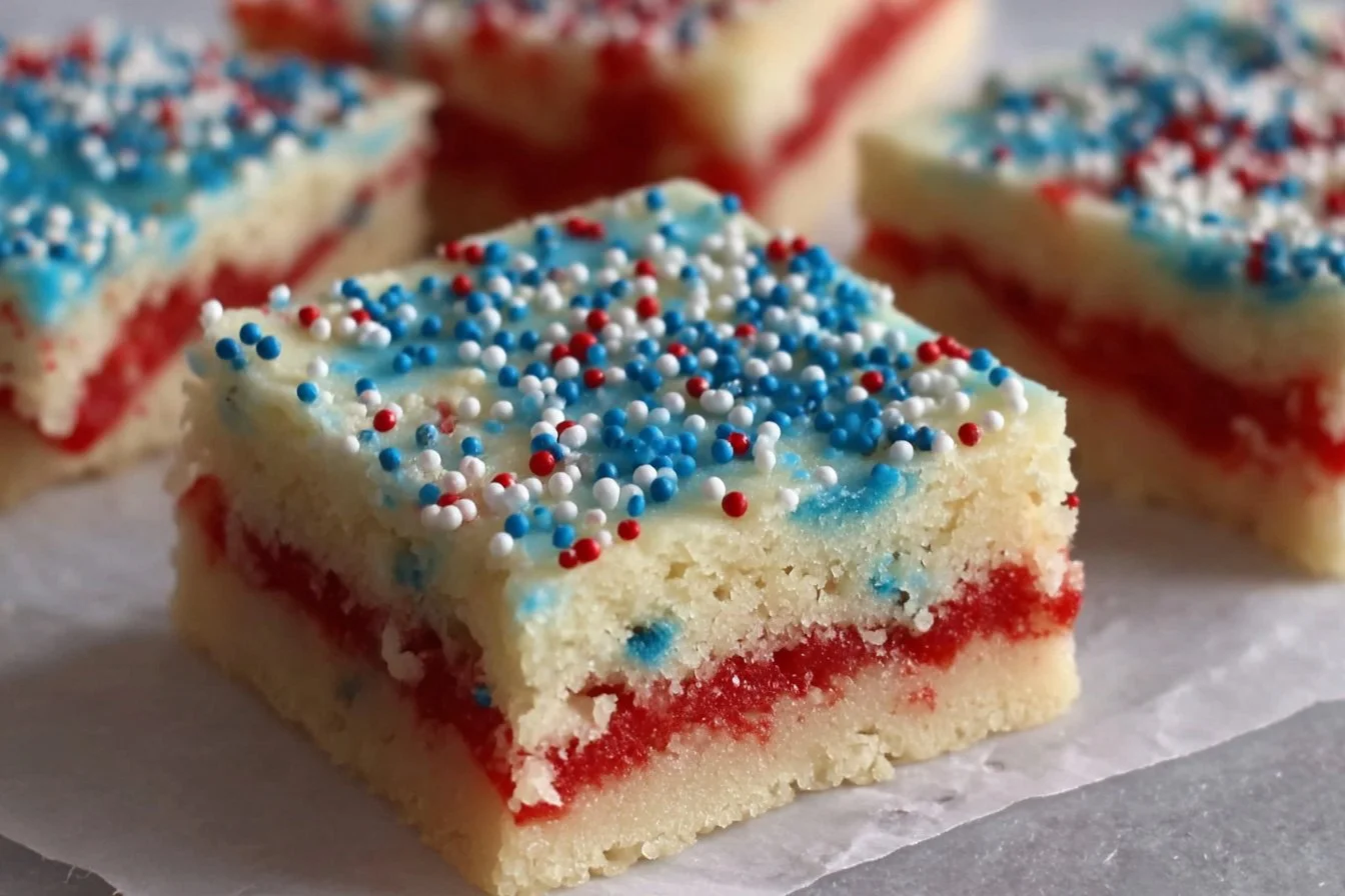 Delicious Patriotic Sugar Cookie Bars topped with red, white, and blue sprinkles