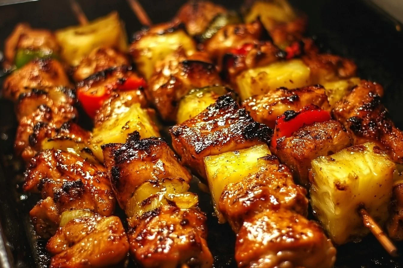 Pineapple Chicken Kebabs 3 Delicious Pineapple Chicken Kebabs grilling on skewers with vibrant veggies