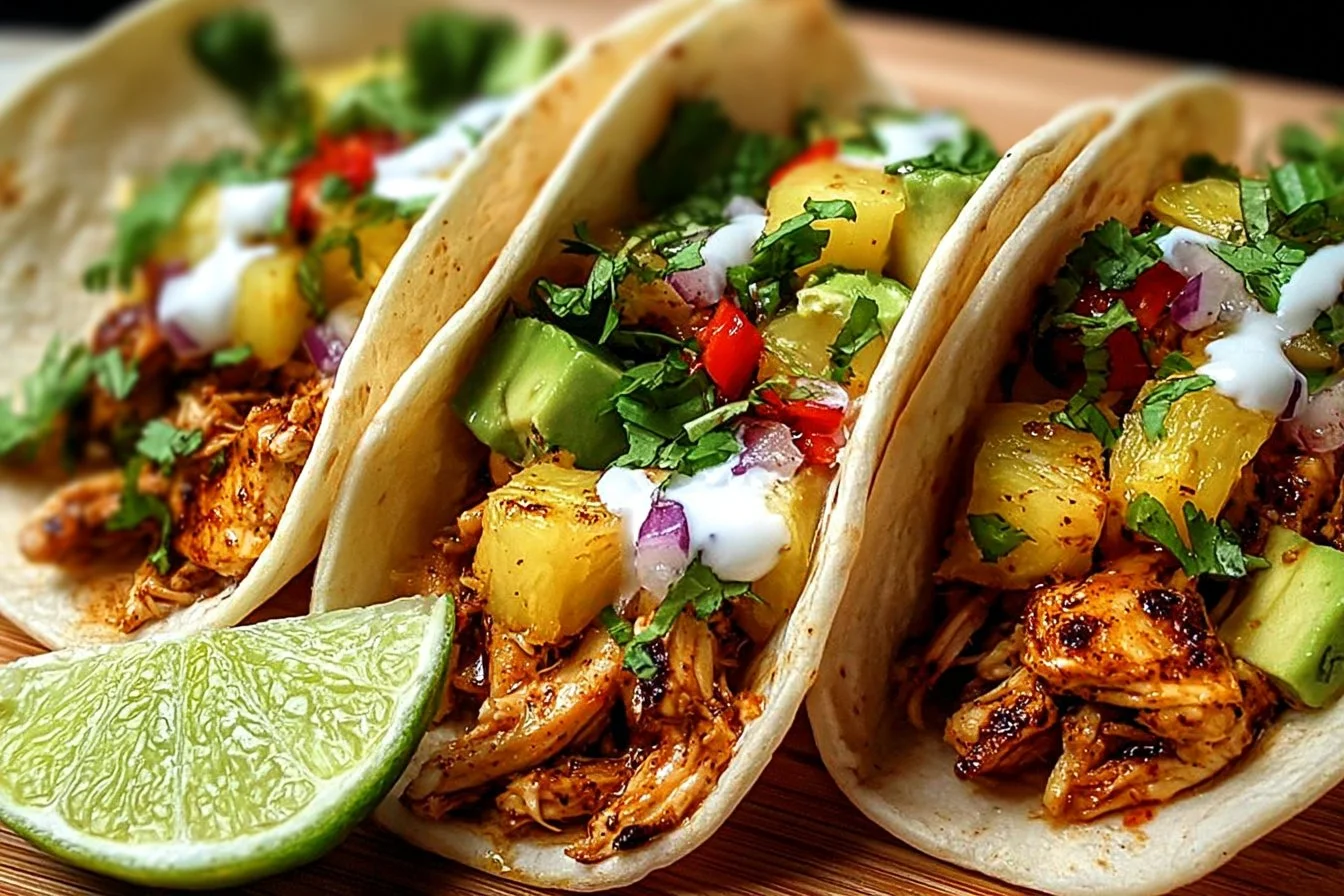 Delicious pineapple chicken tacos served with fresh toppings