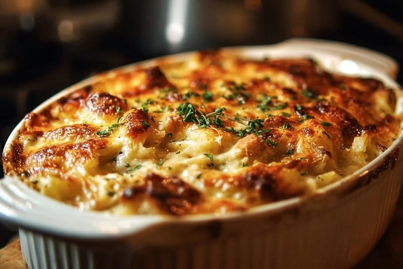 Delicious rotisserie chicken casserole served with fresh herbs and crunchy toppings