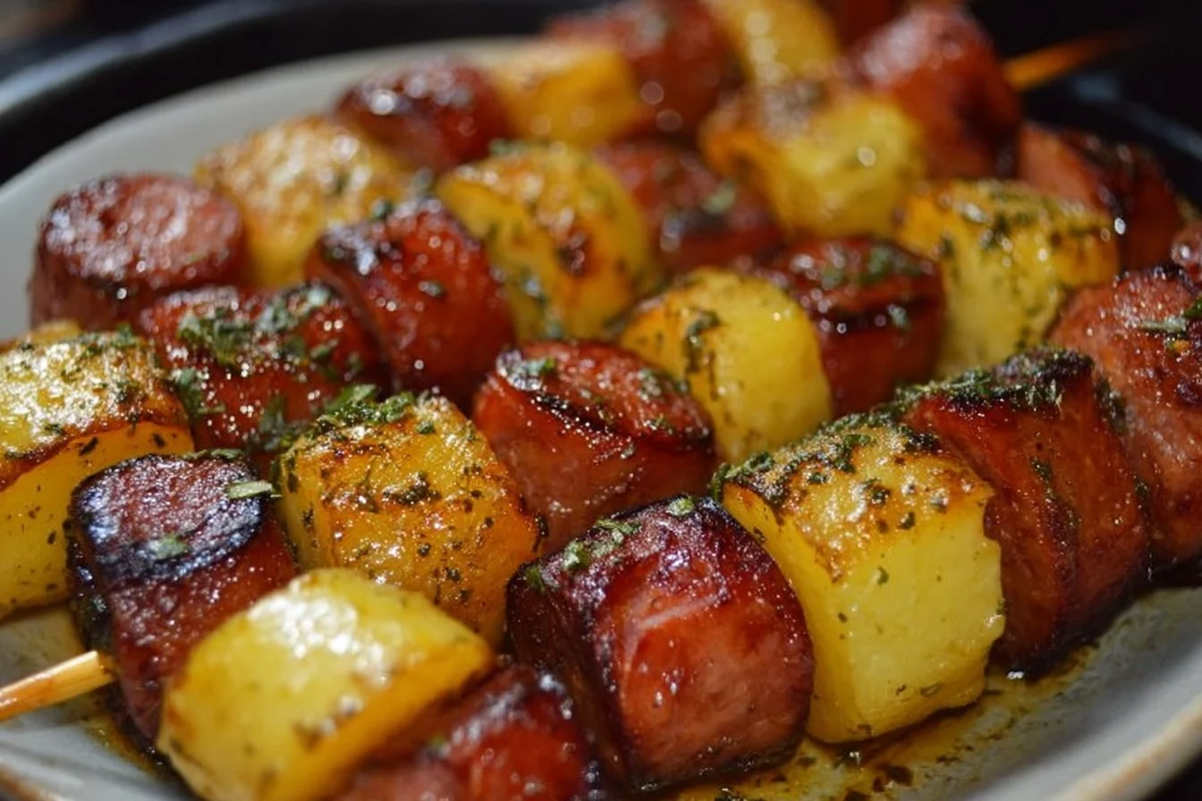Savor the Best Cowboy Butter Kielbasa and Potato Skewers 3 Grilled Cowboy Butter Kielbasa and potato skewers served on a wooden platter.