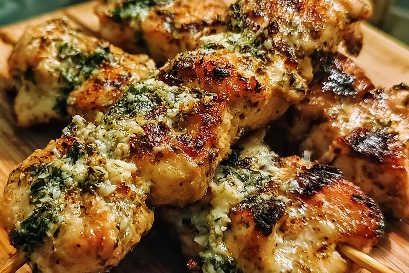 Delicious garlic parmesan chicken skewers ready to be served.