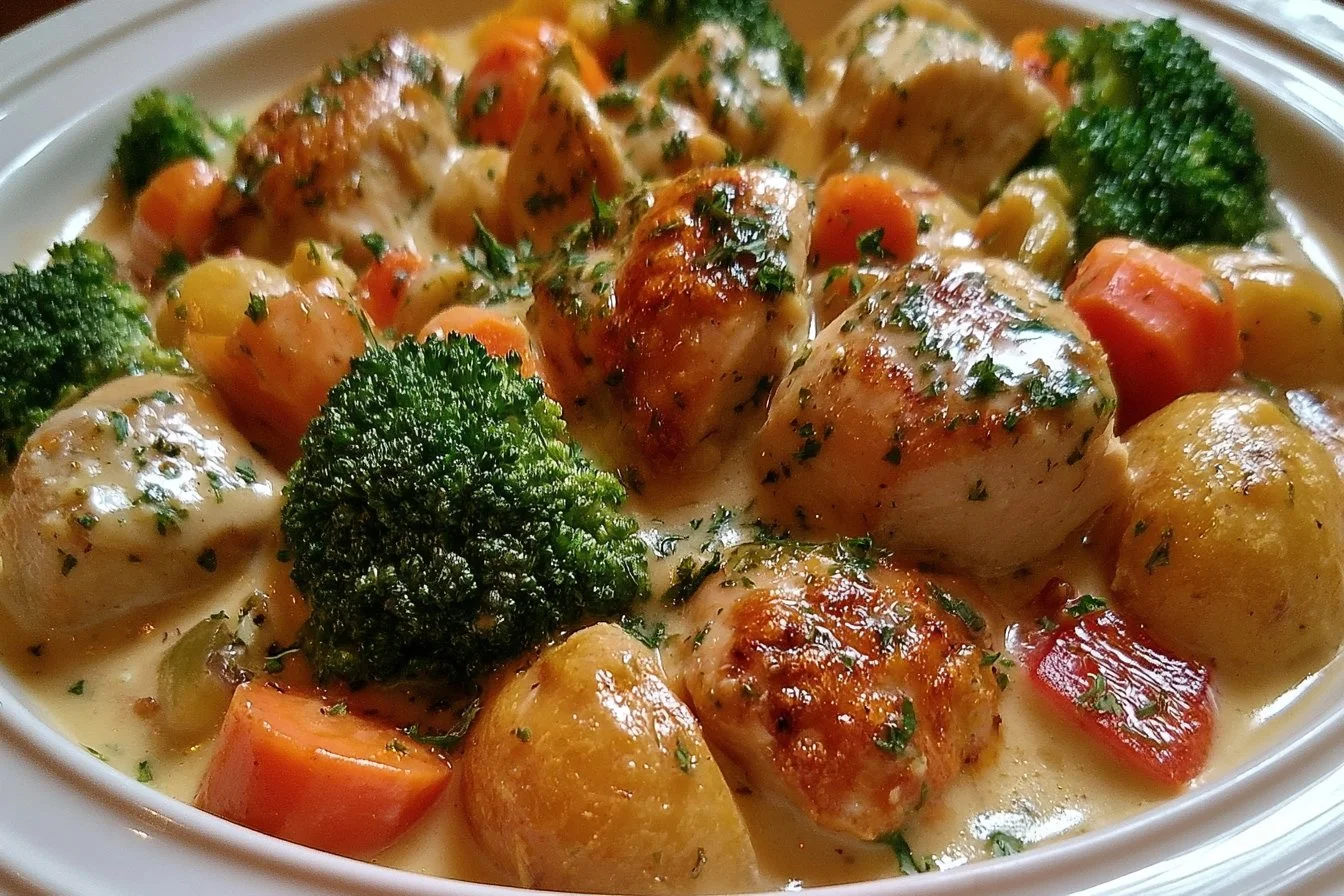 Slow cooker creamy garlic chicken with fresh vegetables in a savory sauce