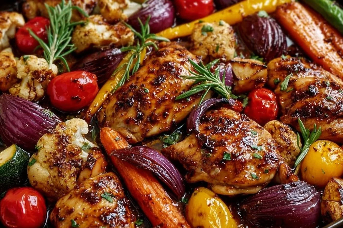Sheet Pan Balsamic Glazed Chicken and Veggies 3 Sheet pan featuring balsamic glazed chicken and roasted vegetables.