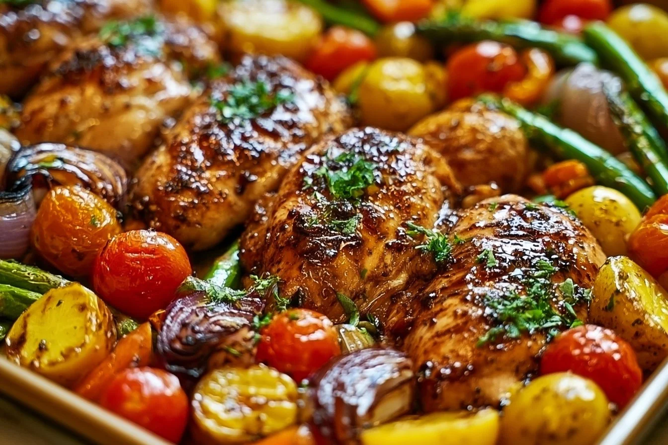 Sheet Pan Balsamic Glazed Chicken and Veggies 3 Delicious sheet pan balsamic glazed chicken with fresh veggies
