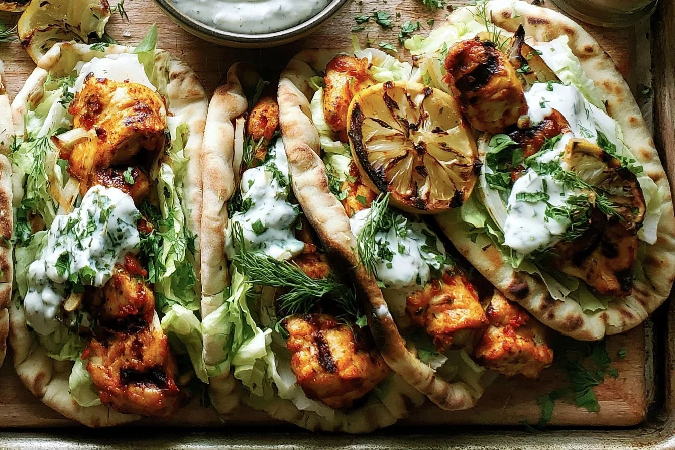 Sheet Pan Chicken Pitas with Herby Ranch 3 Sheet pan chicken pitas topped with herby ranch dressing, served on a platter.