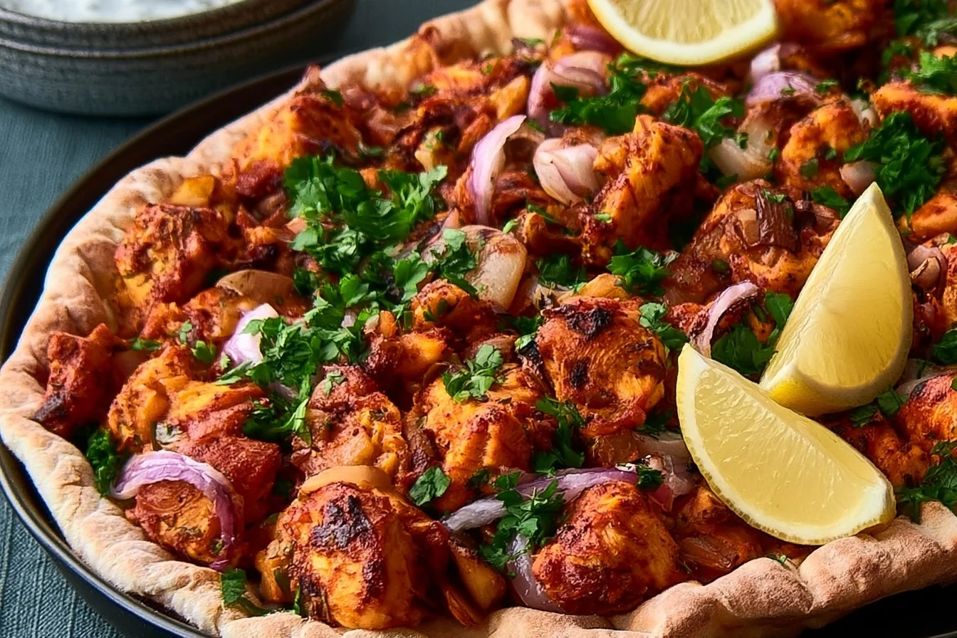 Sheet Pan Chicken Shawarma served on a plate with fresh vegetables