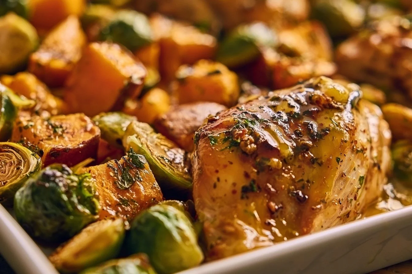 Sheet Pan Honey Dijon Chicken with Sweet Potatoes and Brussels Sprouts 3 Sheet Pan Honey Dijon Chicken with Sweet Potatoes and Brussels Sprouts