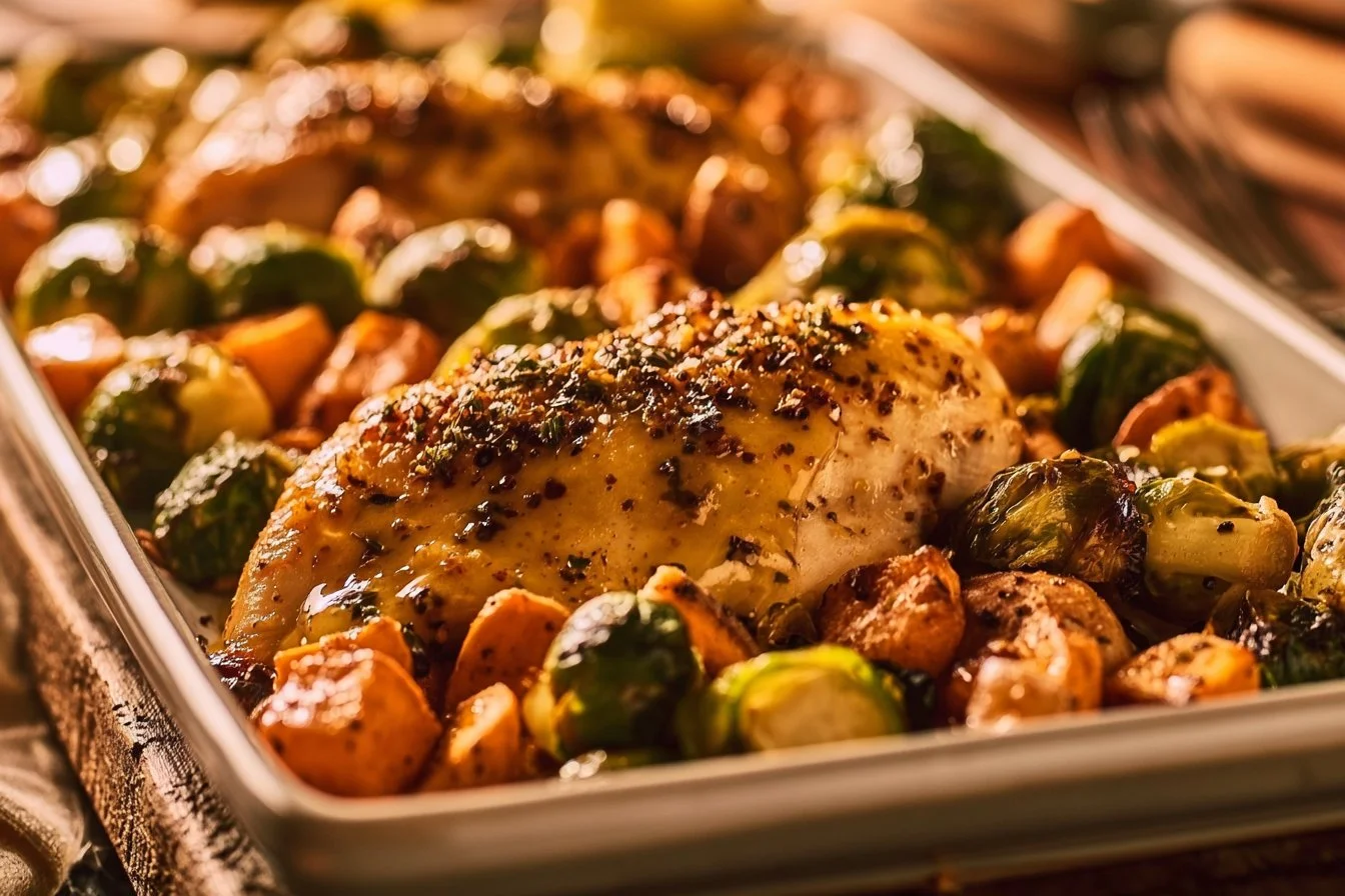Sheet Pan Honey Dijon Chicken with Sweet Potatoes and Brussels Sprouts 4 Sheet Pan Honey Dijon Chicken with Sweet Potatoes and Brussels Sprouts