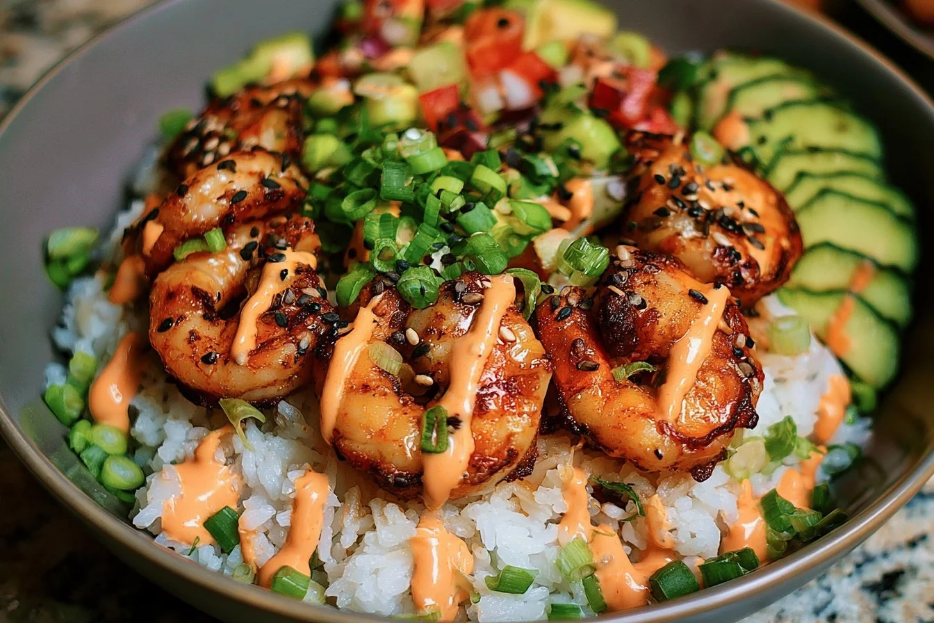 Shrimp Rice Bowls with Spicy Mayo 3 Shrimp rice bowls topped with spicy mayo and garnished with vegetables