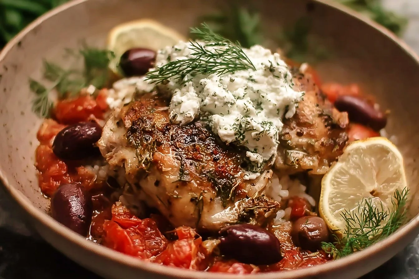 Delicious Slow Cooker Greek Chicken garnished with fresh herbs and lemon.