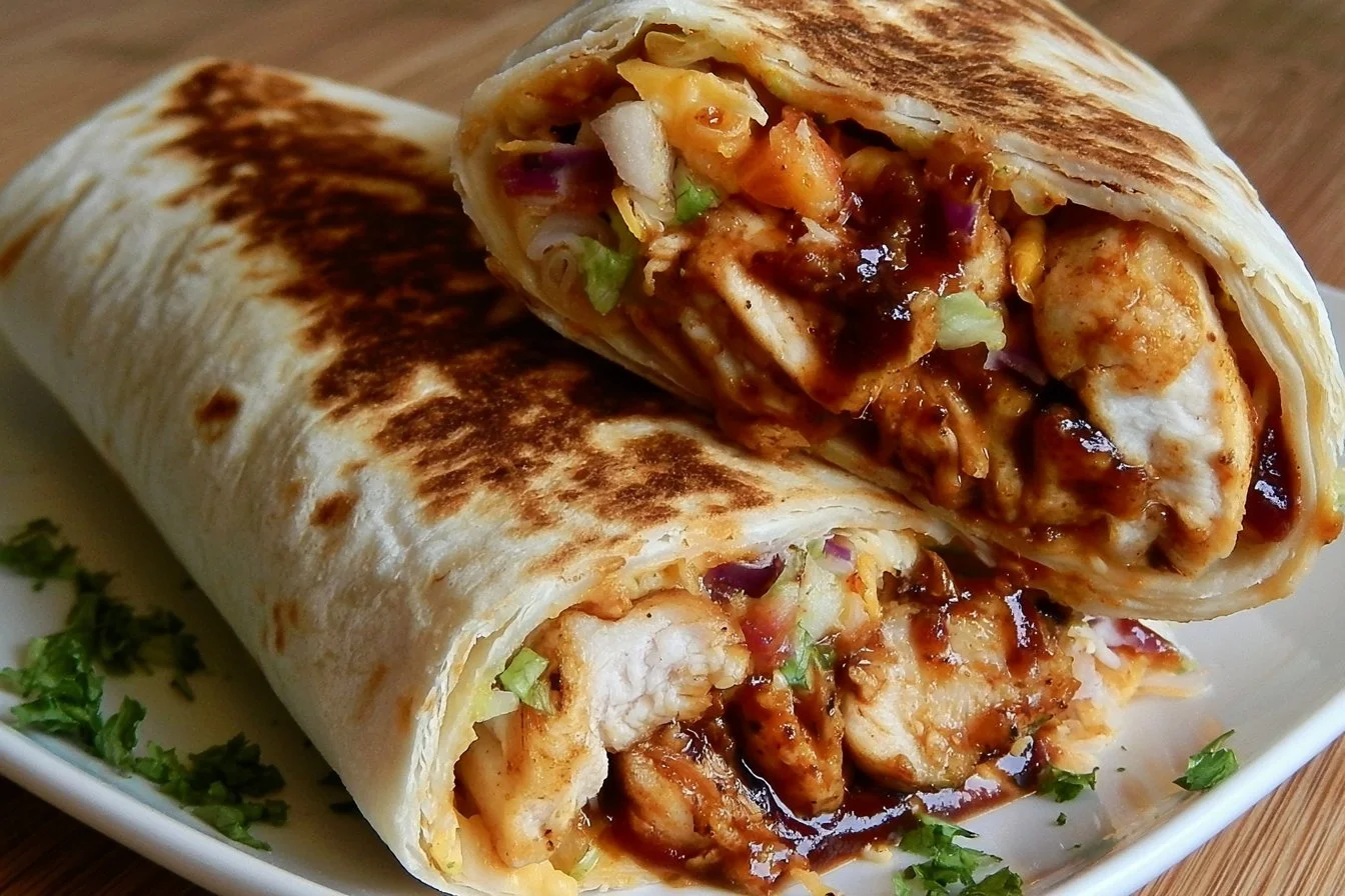 Smoky barbecue chicken wraps on a wooden serving board with fresh ingredients