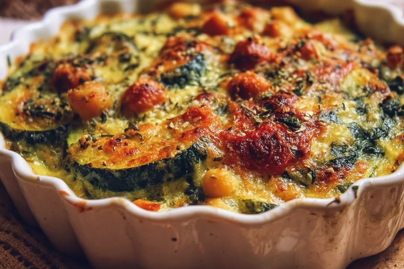 Spinach Zucchini Chickpea Bake dish on a plate, healthy vegetarian meal.