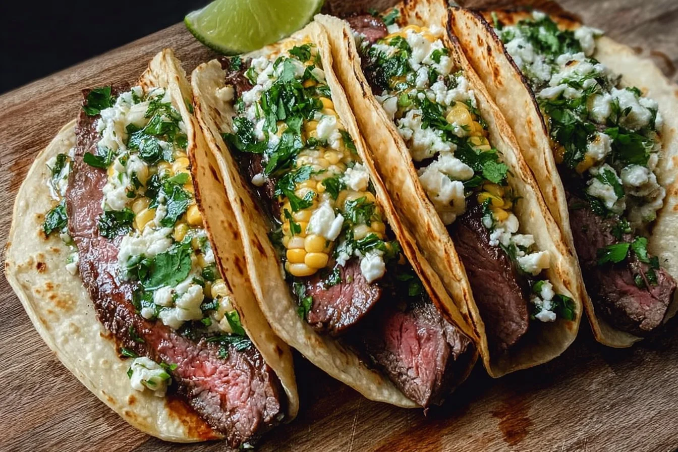 Steak Elote Tacos garnished with fresh vegetables and cilantro