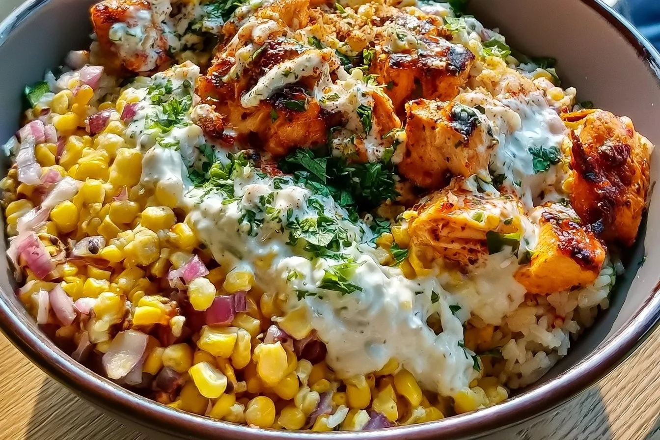 Delicious street corn chicken rice bowls with tender chicken and vibrant toppings