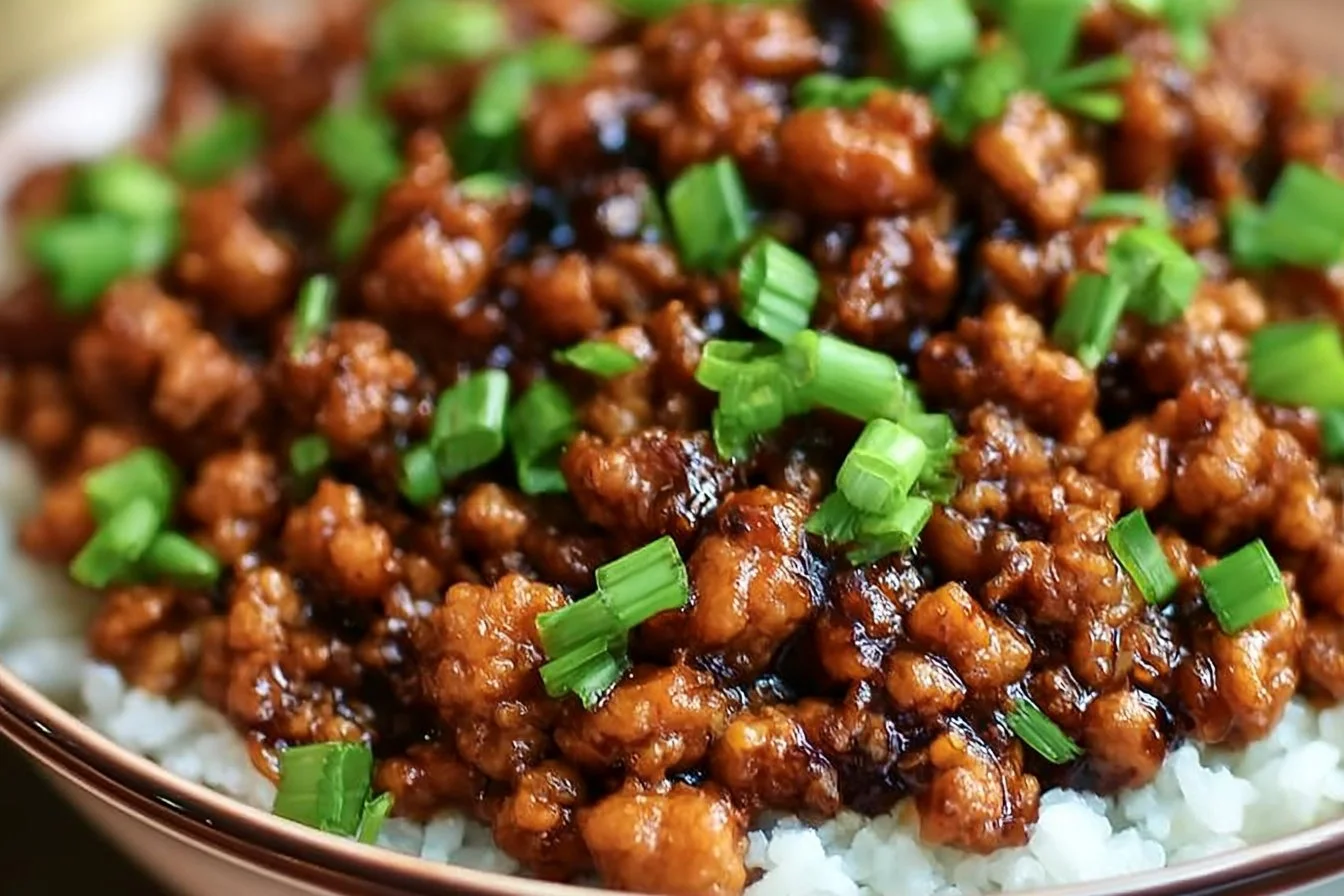 Sweet and Savory Honey Garlic Ground Turkey Recipe in 25 Minutes 3 Honey garlic ground turkey dish garnished with green onions on a plate