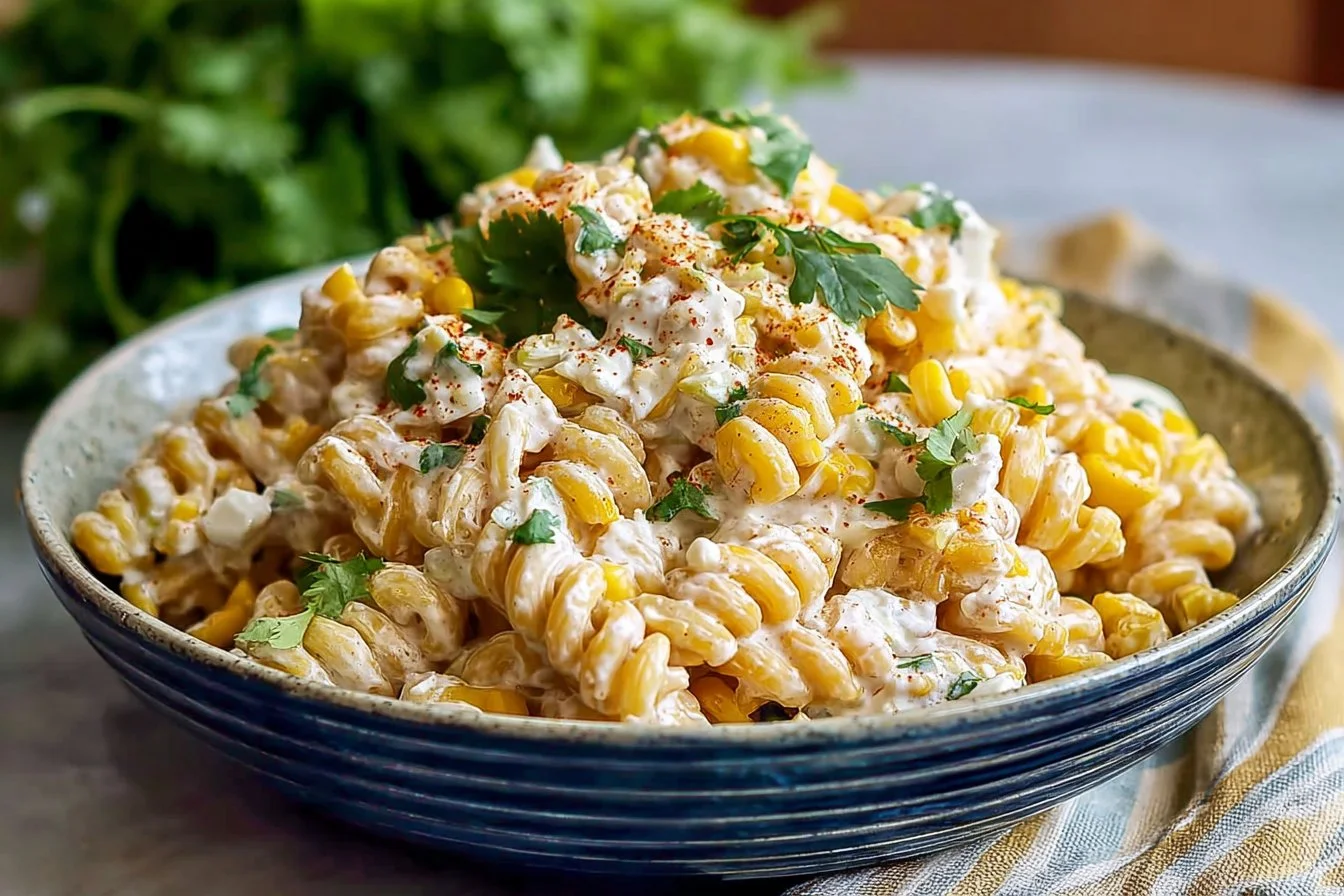 Colorful elote pasta salad with Greek yogurt and fresh ingredients from Moana's Kitchen