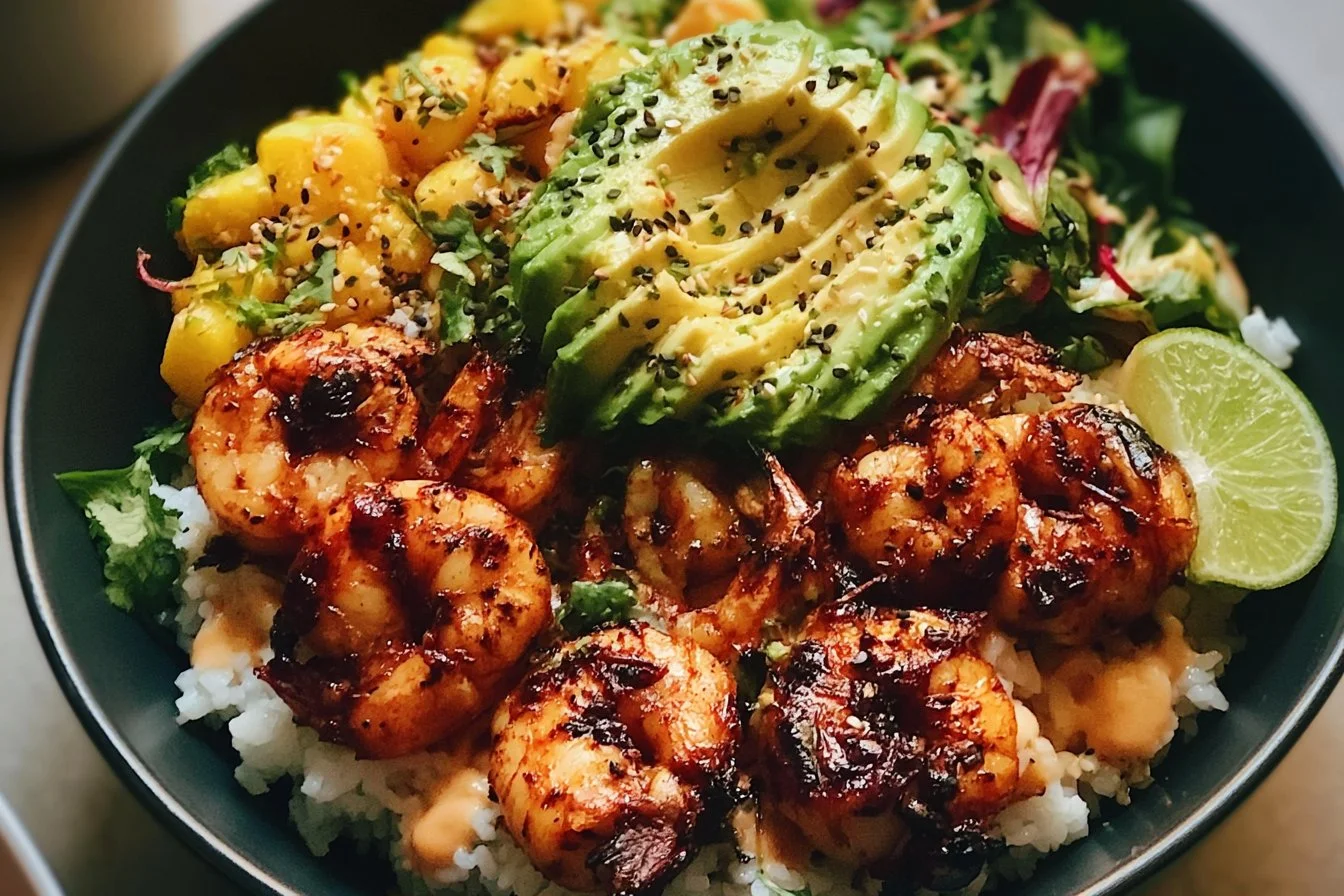 Delicious charred shrimp and avocado bowl with fresh ingredients.