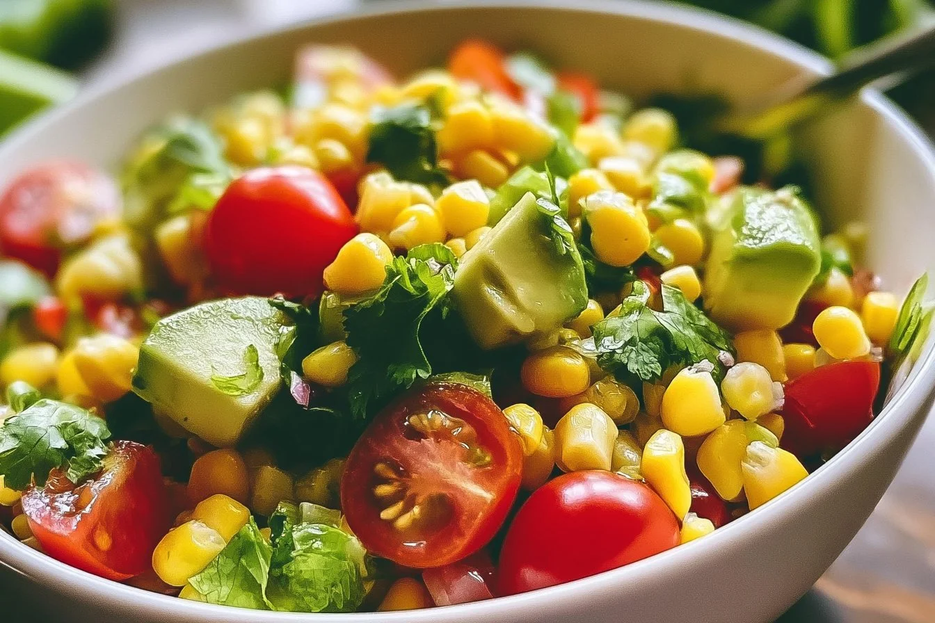 Vegan Corn Avocado Salad 3 Vegan corn avocado salad with fresh ingredients and vibrant colors