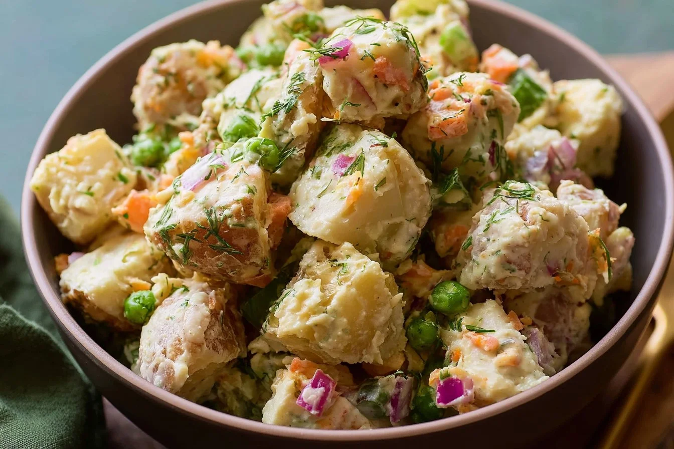Vegan Jamaican Potato Salad - FlirtyFood 3 Colorful Vegan Jamaican Potato Salad served in a bowl garnished with fresh herbs