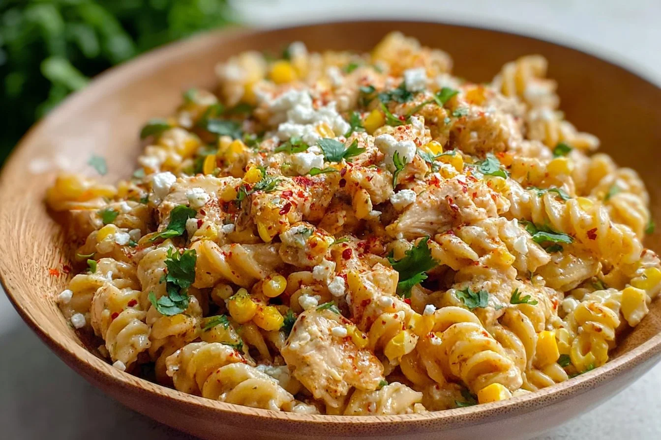 Zesty Mexican Street Corn Chicken Pasta Salad with fresh ingredients
