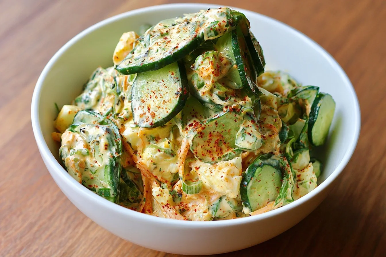 Bowl of creamy Asian cucumber salad with fresh ingredients