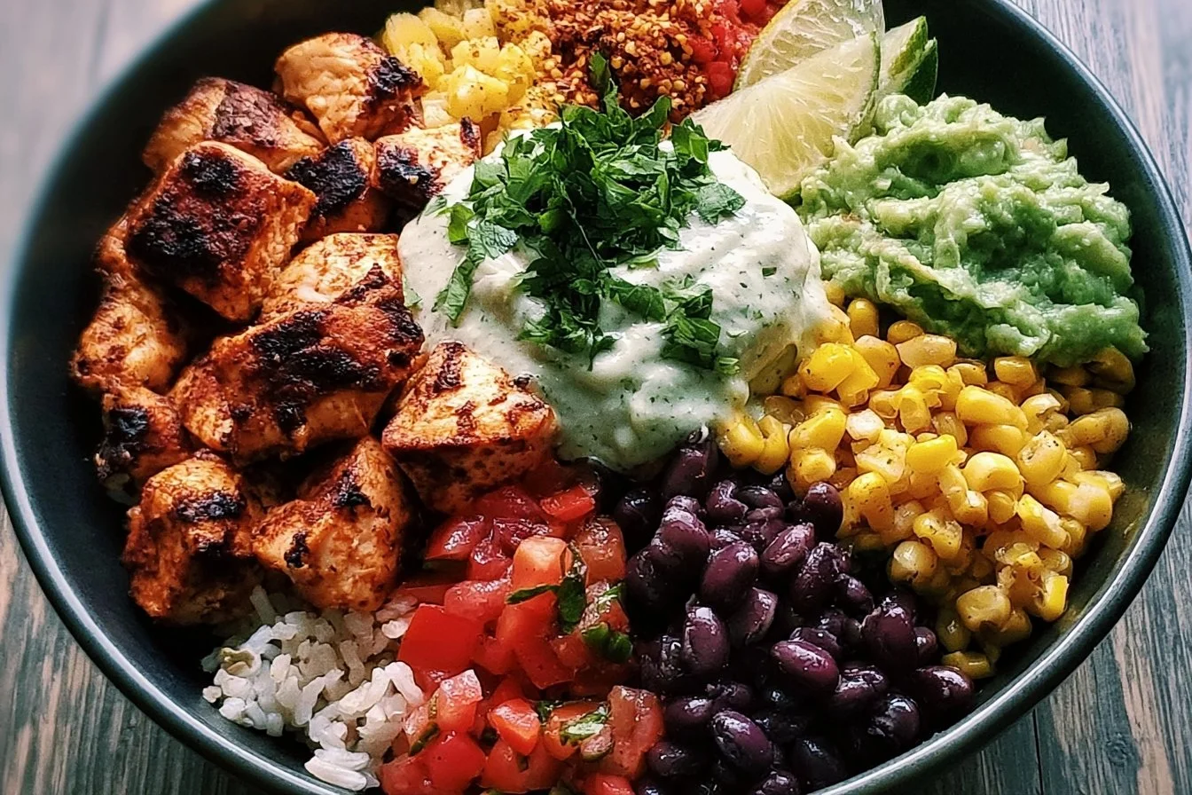 High Protein Chicken Burrito Bowl with fresh ingredients and toppings