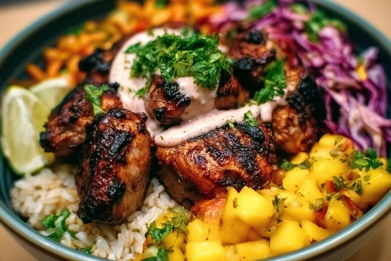 Delicious jerk chicken bowl with mango slaw and honey lime cream