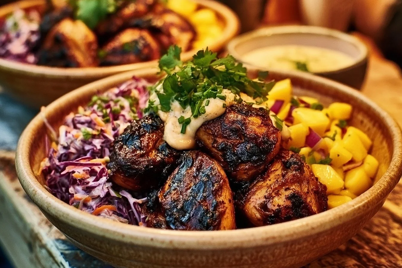 Jerk Chicken & Mango Slaw Bowls with Honey Lime Cream