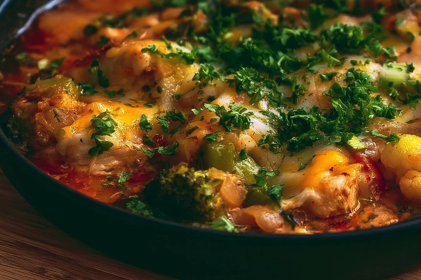 Low carb chicken casserole dish topped with cheese and herbs