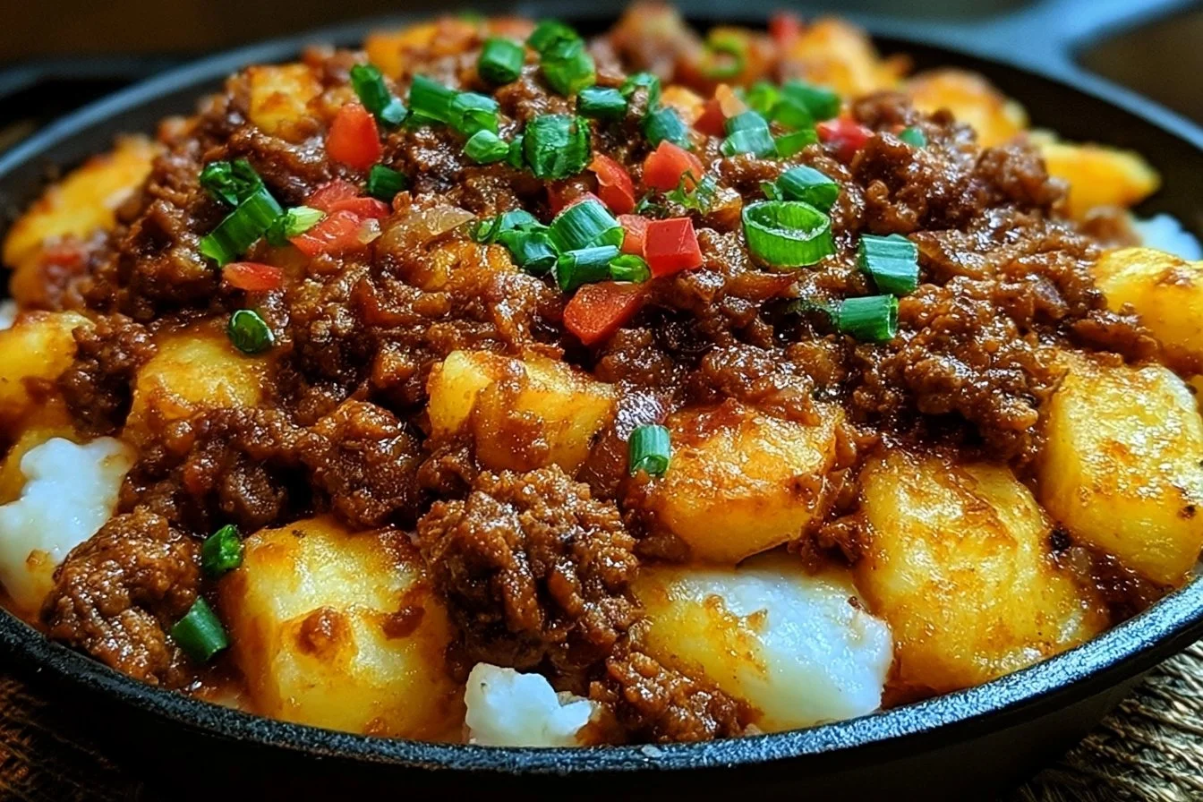 Delicious Sloppy Joe Potato Skillet served in a rustic bowl with toppings