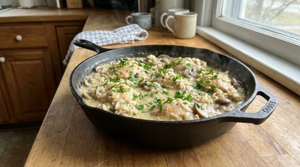 Skillet of one-pot creamy chicken and rice garnished with parsley