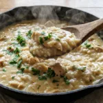 Spoon lifting creamy chicken and rice from a skillet