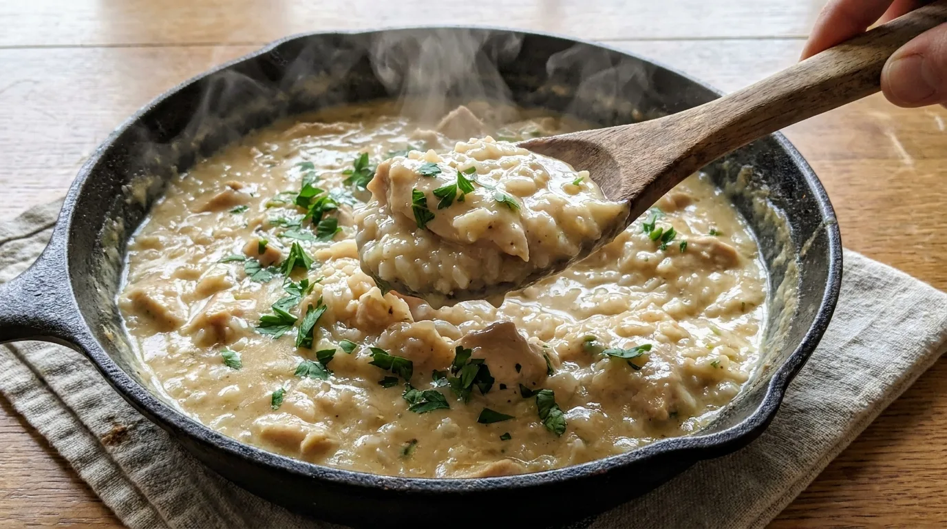 Spoon lifting creamy chicken and rice from a skillet