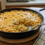 Spoon lifting creamy baked mac and cheese from a skillet with a golden cheese topping.