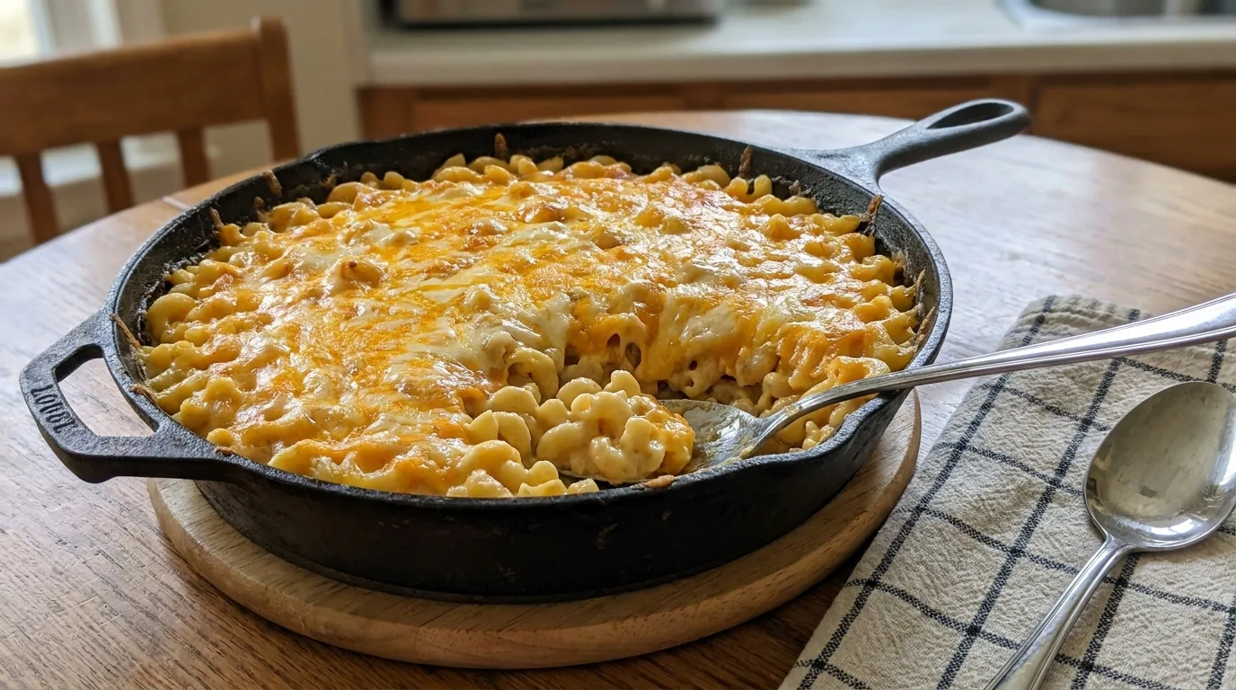 Spoon lifting creamy baked mac and cheese from a skillet with a golden cheese topping.