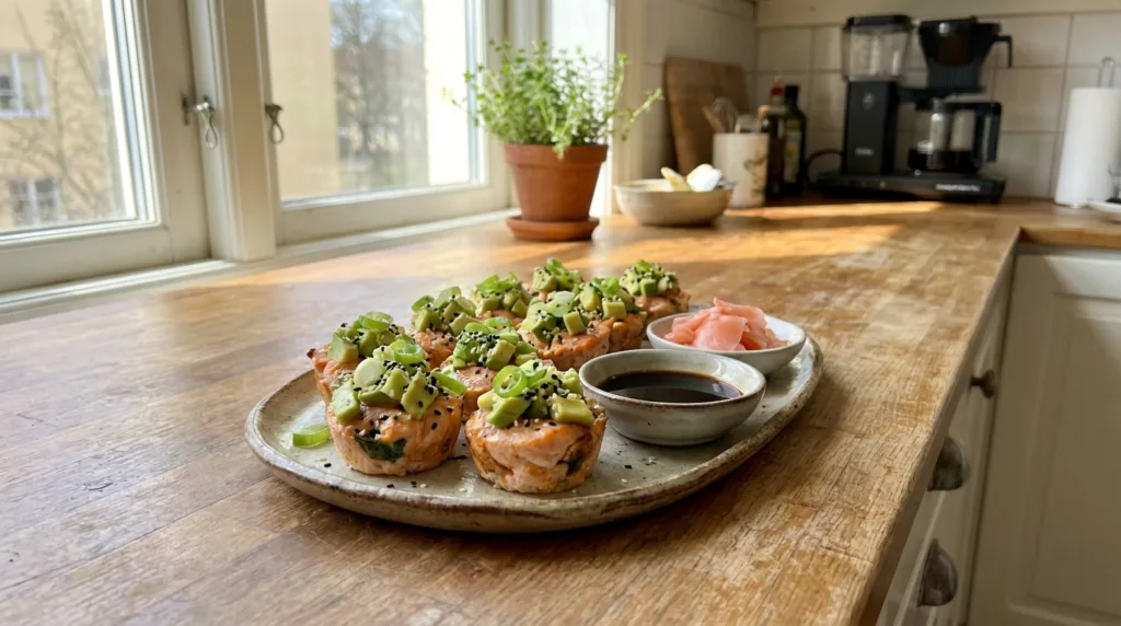 Platter of baked salmon sushi cups with avocado and sesame seeds in a home kitchen