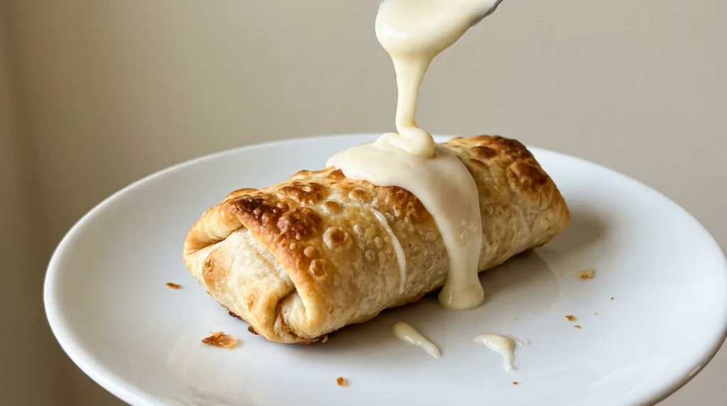 Tortilla Cinnamon Rolls (Easy 10-Minute Air Fryer Recipe) 4 Glazed air fryer tortilla cinnamon roll with crispy golden crust on a white plate