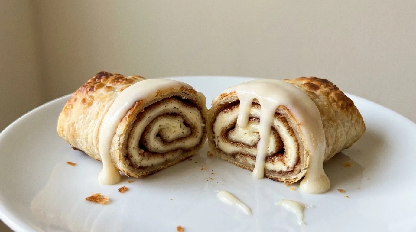 Tortilla cinnamon roll cut in half showing gooey cream cheese and cinnamon sugar swirls