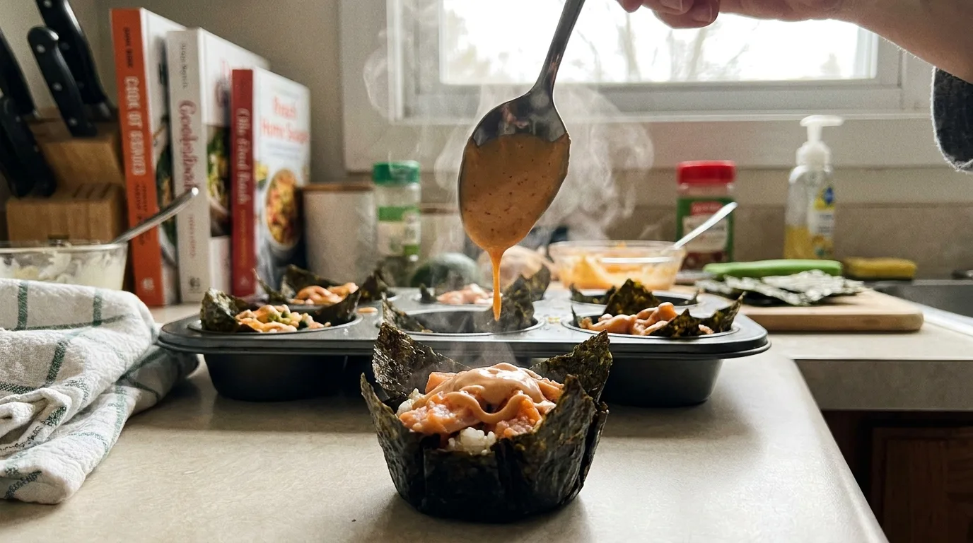 Drizzling spicy mayo over a muffin tin sushi cup with crispy nori edges