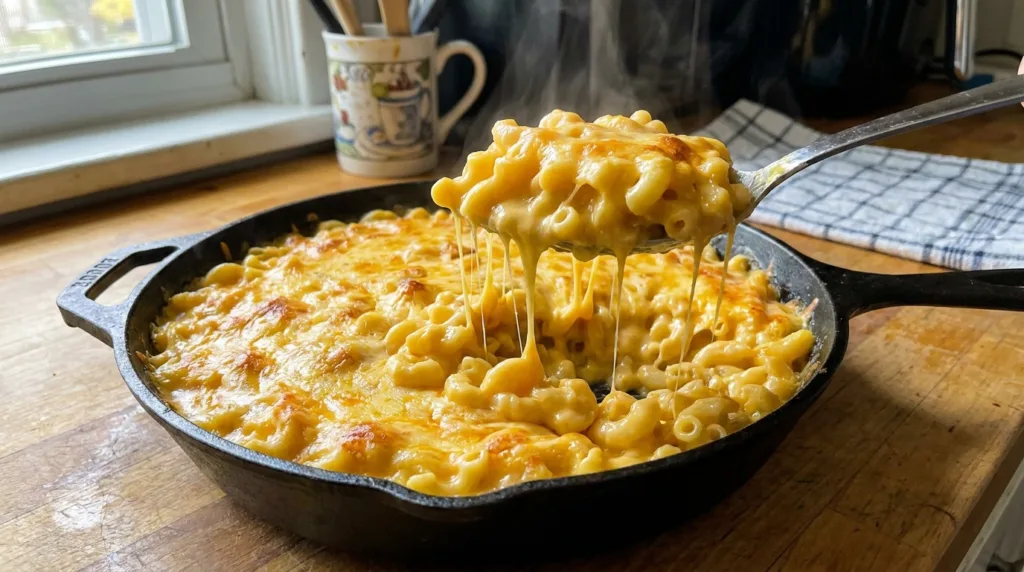 Skillet mac and cheese with cheddar, Monterey Jack and a creamy macaroni center.