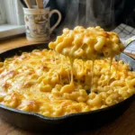 Skillet mac and cheese with cheddar, Monterey Jack and a creamy macaroni center.